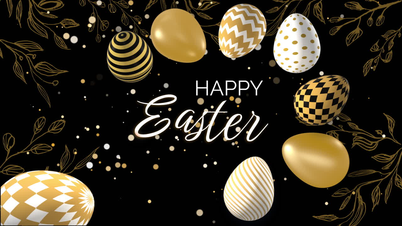 Golden easter eggs with ornament on black background with shiny confetti. 3D animated festive spring looping video. Happy Easter.