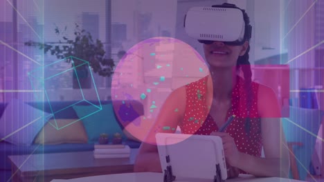 animación de formas y globo sobre mujer de negocios caucásica usando auriculares vr.