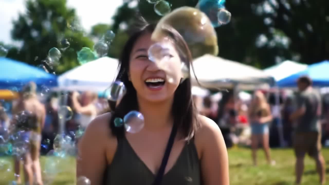 Smiling Woman Enjoys Bubbles at Outdoor Festival in Summer Sunshine With Vibrant Crowd Around