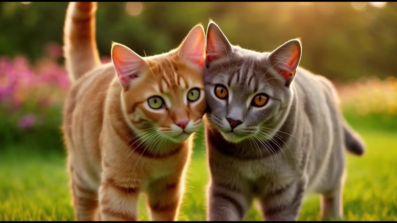 Due gatti che si incontrano e si strusciano in un giardino soleggiato