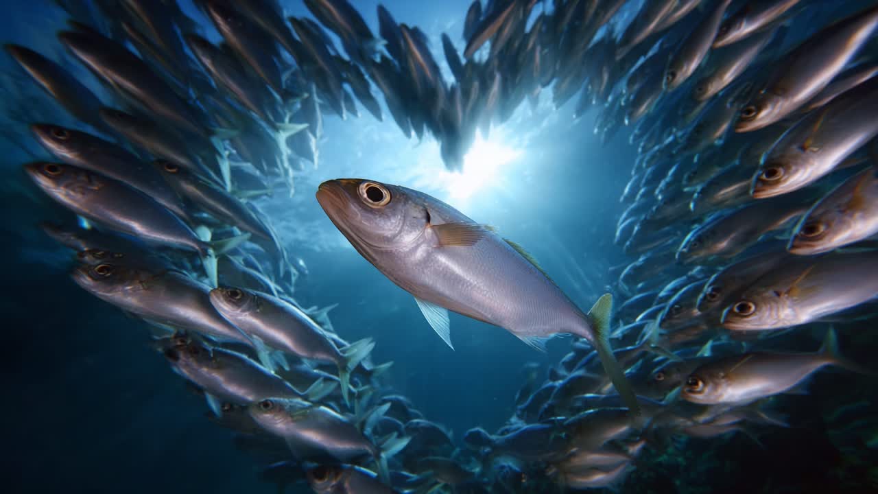 A Captivating Underwater Scene Featuring Schooling Fish Forming a Heart Shape, Illuminated by Rays of Sunlight in a Serene Ocean Environment