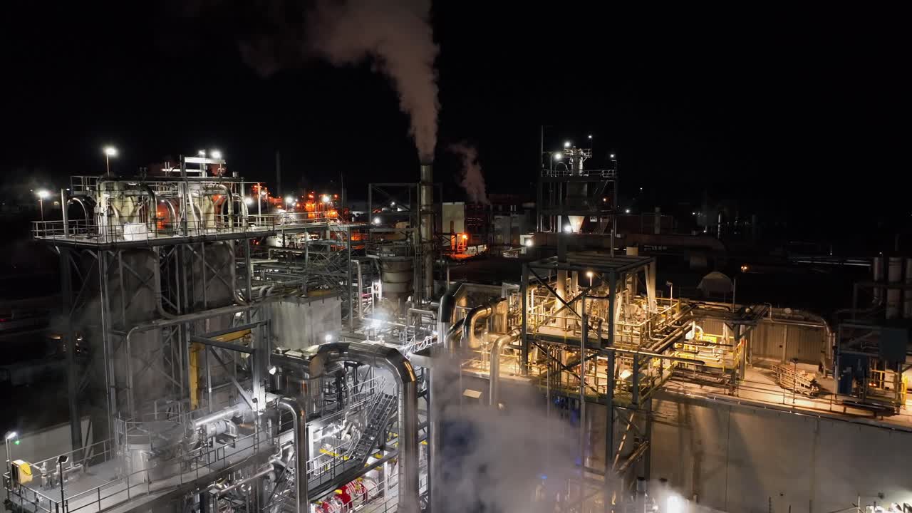 Aerial rising shot of rising steam of industrial power plant factory at night. DuPont power plant in Richmond, Virginia, USA