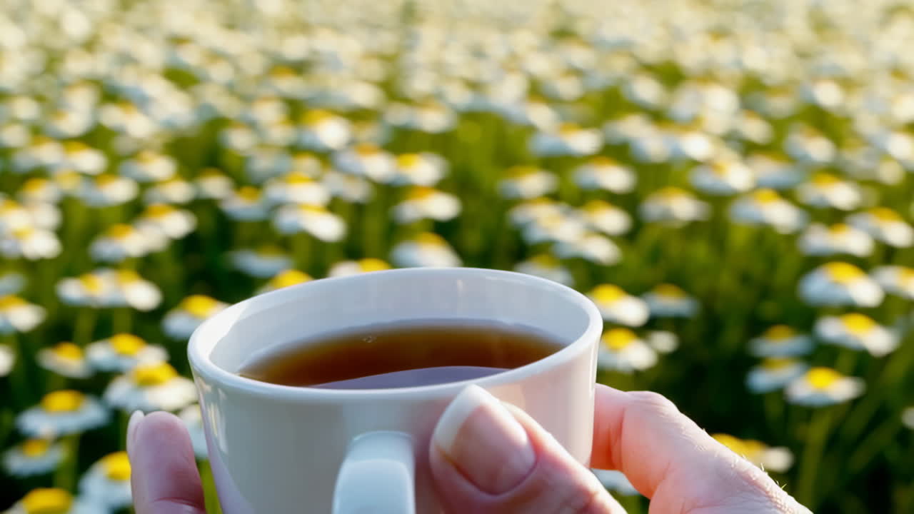 Chamomile tea in a field of flowers