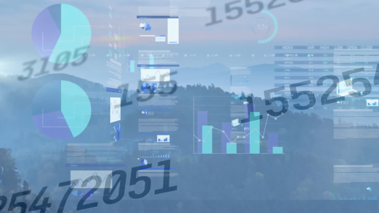 Animation of financial data processing and growing numbers over landscape