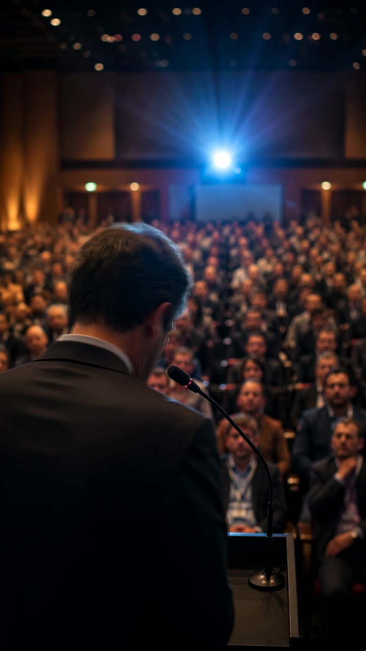 Orador vestido formalmente, visto desde atrás, inclinado hacia un micrófono de cuello de cisne en un atril, dirigiéndose a una gran audiencia sentada en un auditorio de conferencias con poca luz, con filas de asistentes y un suave desenfoque.