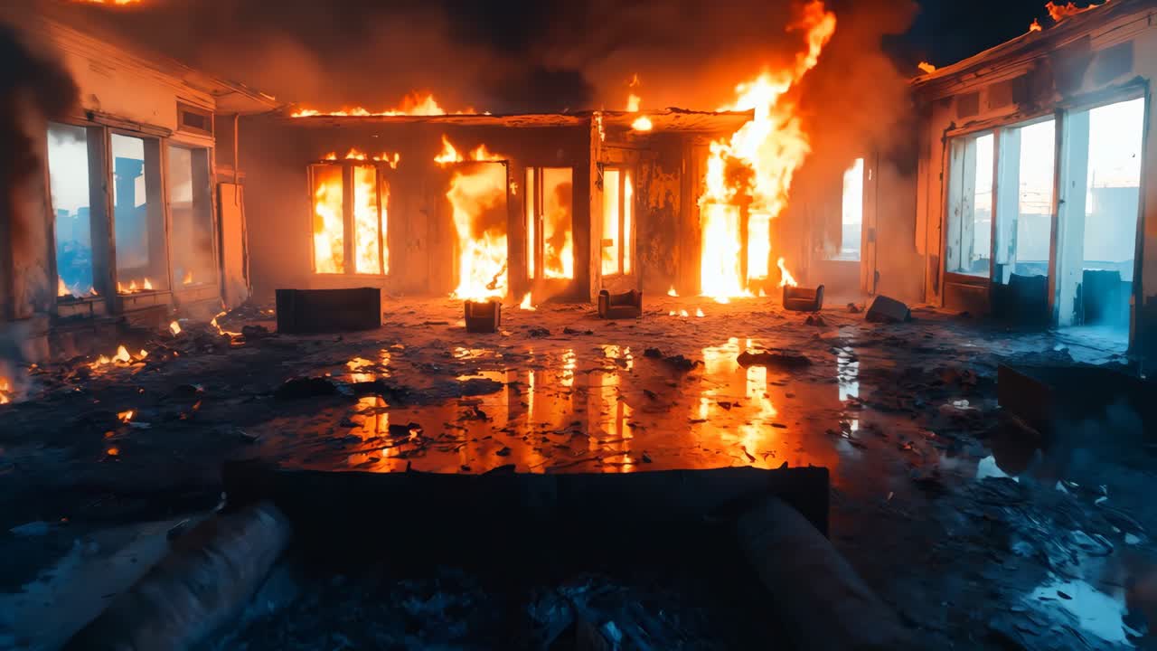 방 한가운데에 가구와 불로 가득 찬 거실