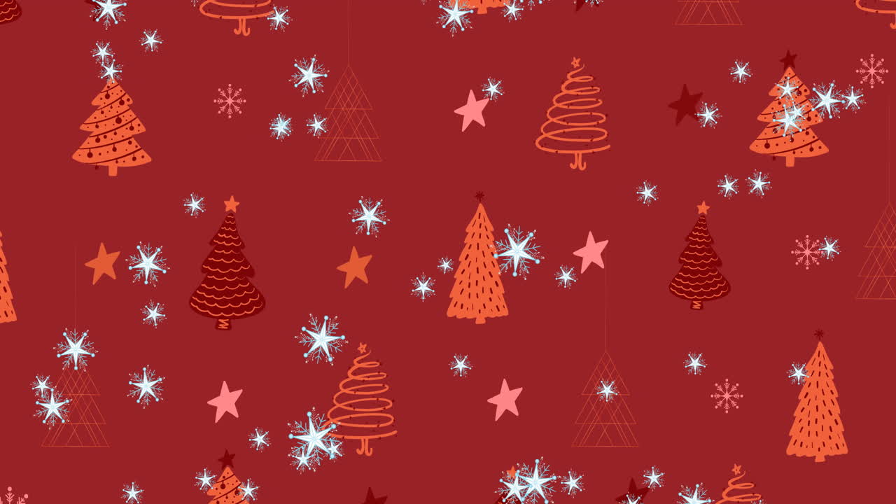 iconos de estrellas múltiples que caen contra múltiples estrellas e iconos de árboles de navidad en fondo rojo