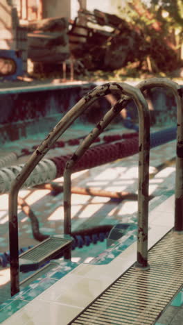 abandoned swimming pool with rusted ladder in ruins