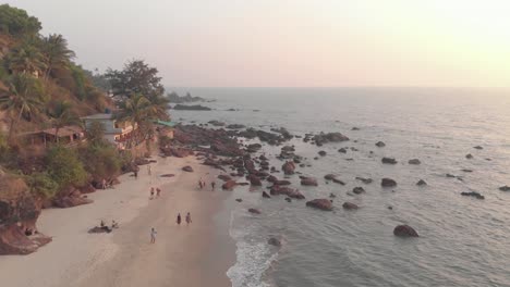 people walking on arambol sand beach, palm trees and calm waters. goa, india.