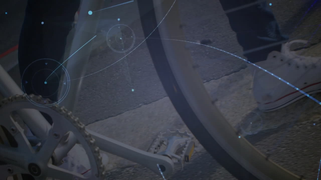 Woman riding bicycle on asphalt, featuring AR technology geometry lines, circles and angle markers
