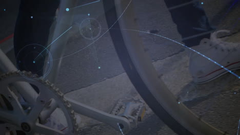 woman riding bicycle on asphalt, featuring ar technology geometry lines, circles and angle markers