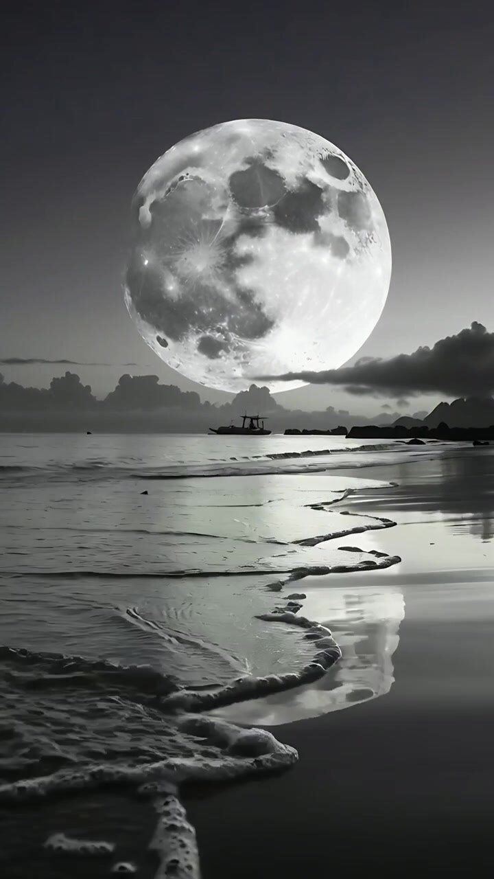 Vídeo vertical: Maré recuando, areia espelhando a lua cheia à noite, ondas distorcendo-a, pegadas.