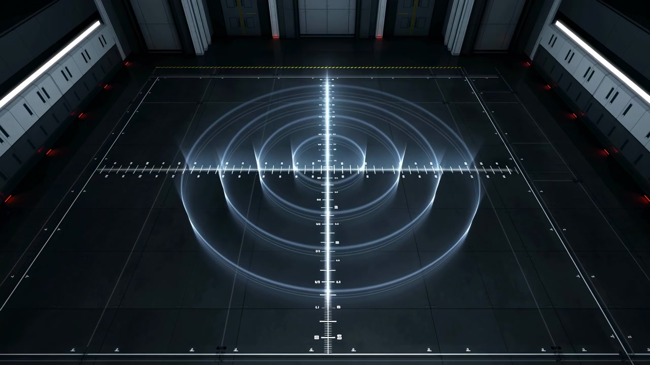 Tomt sci-fi industrielt interiør set fra oven, med en klart oplyst markør i midten af et afmærket landingsgulv, mørke metalpaneler og en