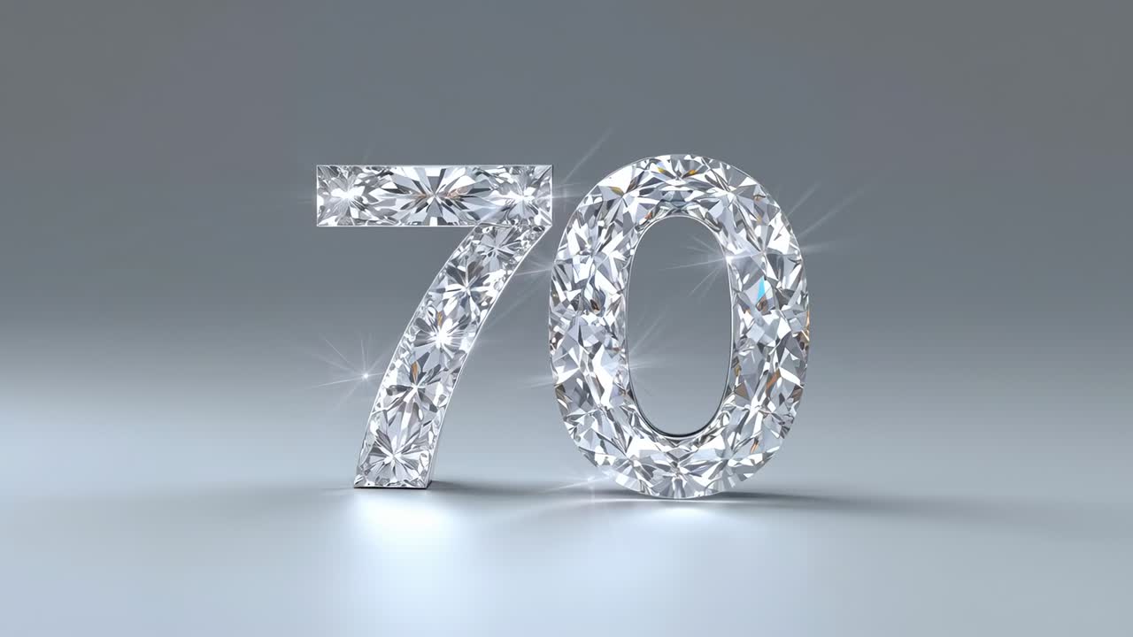 Moving camera revealing large crystal numeral 70 on studio gray floor, highlighting facet sparkles