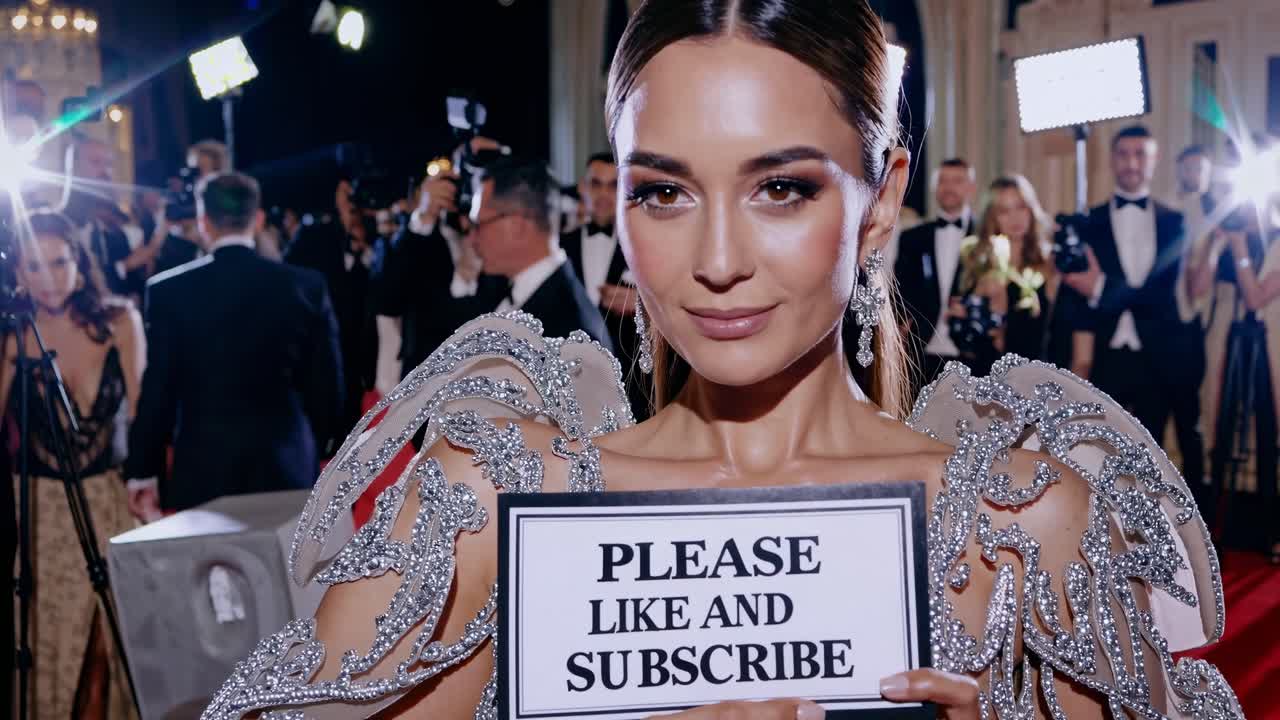 A glamorous red carpet scene with a close-up angle, capturing a woman holding a sign