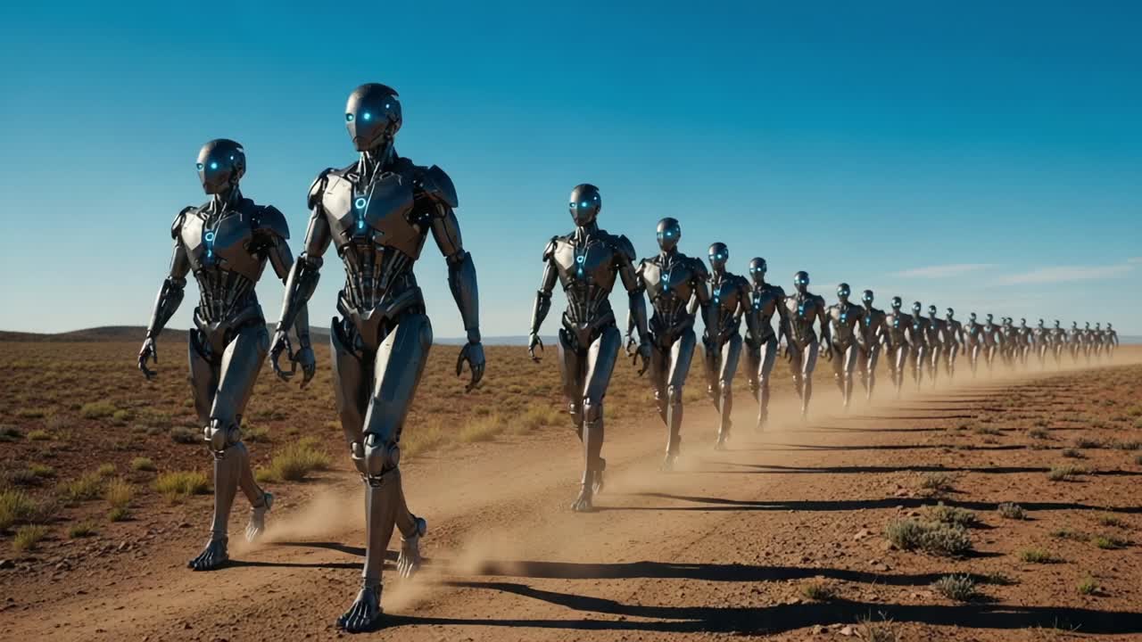 A Spectacular Line of Advanced Robots Marching Across a Desert Landscape, Showcasing Cutting-Edge Technology and Futuristic Design in a Stunning Natural Setting