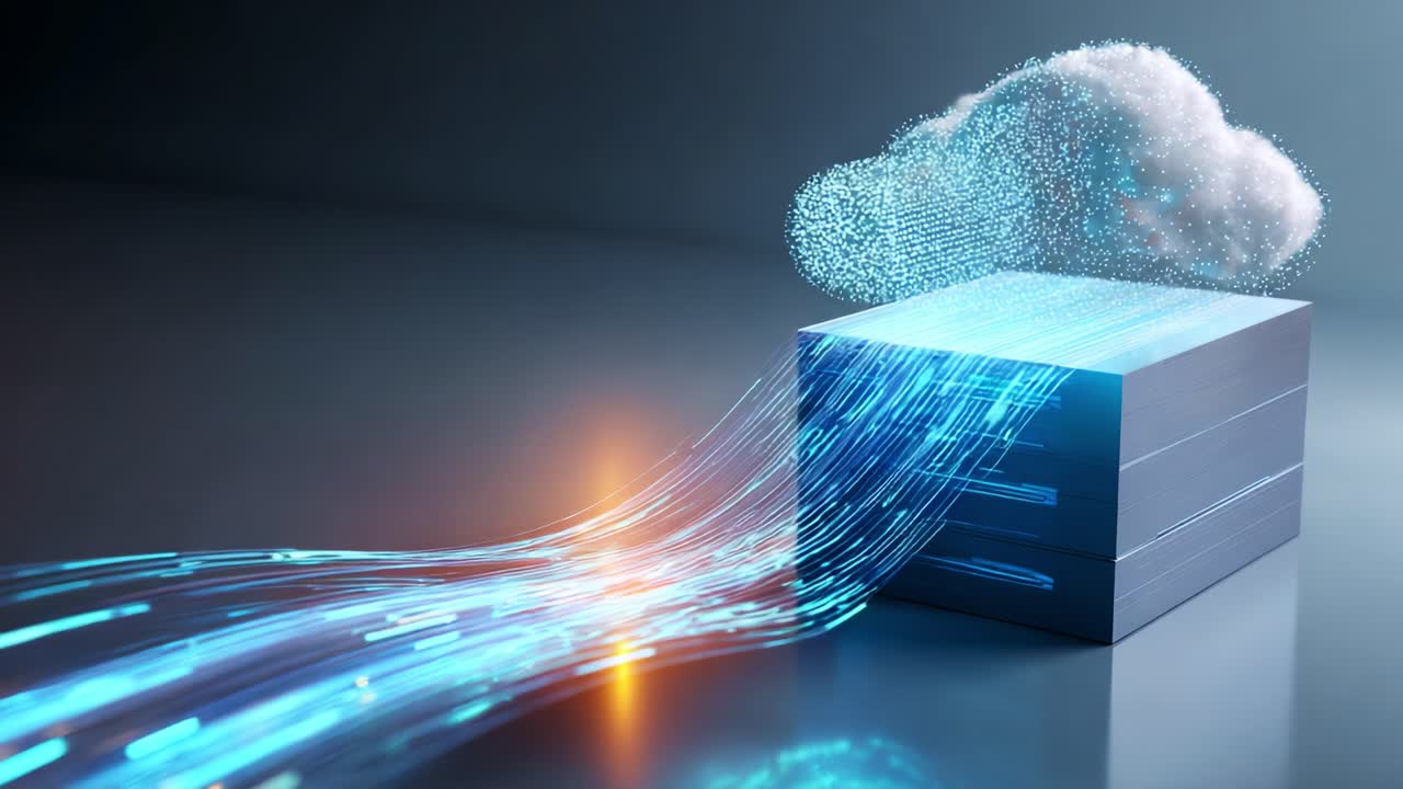 A Digital Transformation Concept with Data Streams Flowing from a Cloud to a Data Center, Visualizing Modern Cloud Computing and Data Management Innovations in Technology