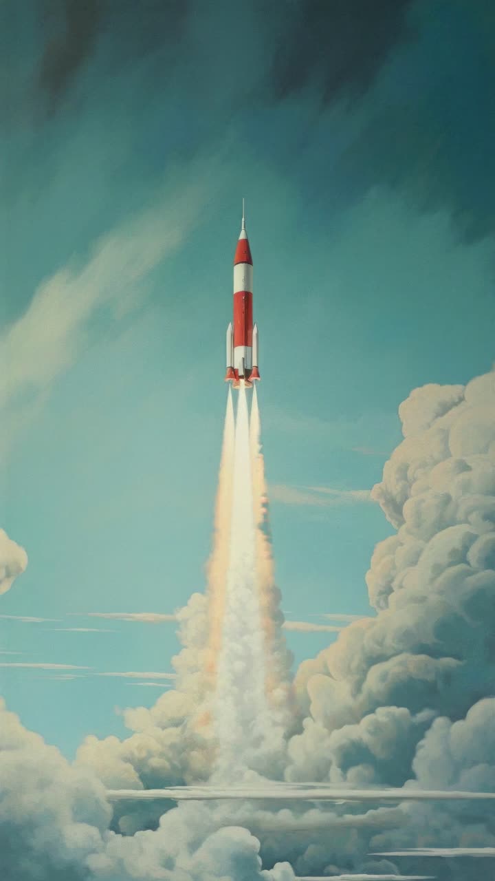 A vintage-style video still of a red rocket launching into a blue sky, viewed from a low angle