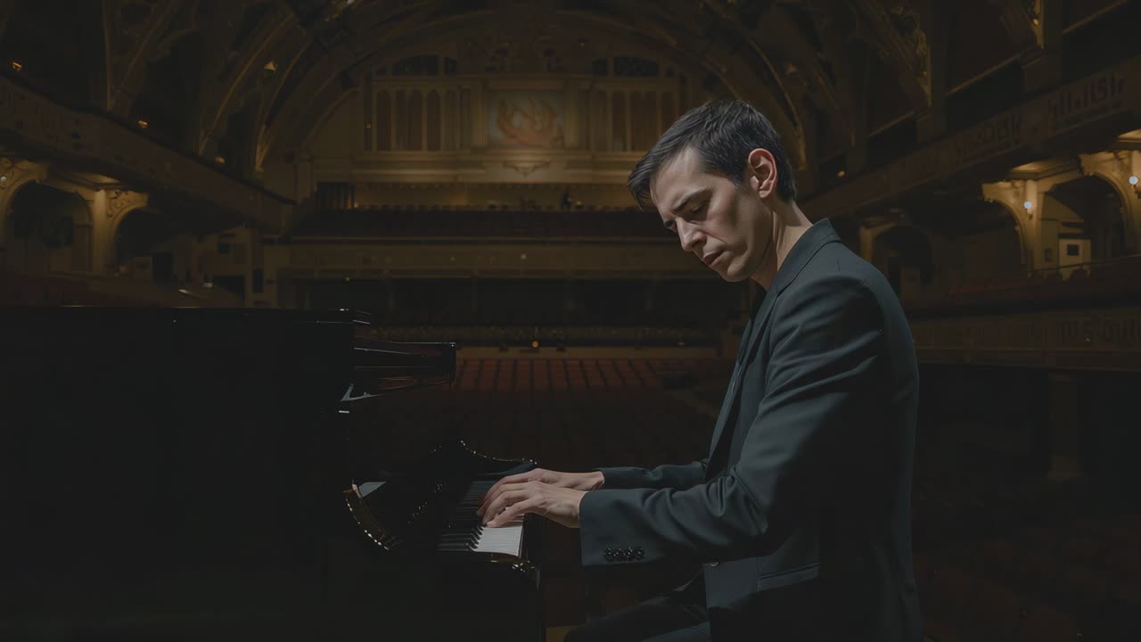 Preparing pianist in dark suit jacket moving fingers across keys on concert hall stage, grand piano