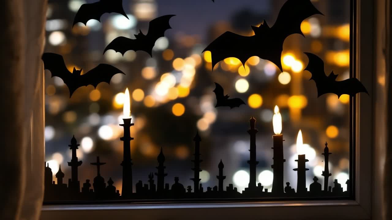 Halloween Window Decoration with Bats and Candles Silhouette at Night
