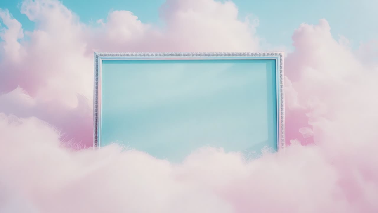 Clouds drifting revealing ornate frame with silver border while camera zooming out over pink sky