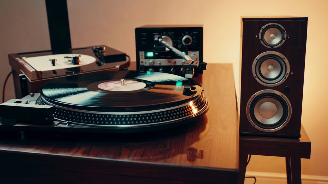 Close-up of a Turntable with a Vinyl Record and Stereo Equipment