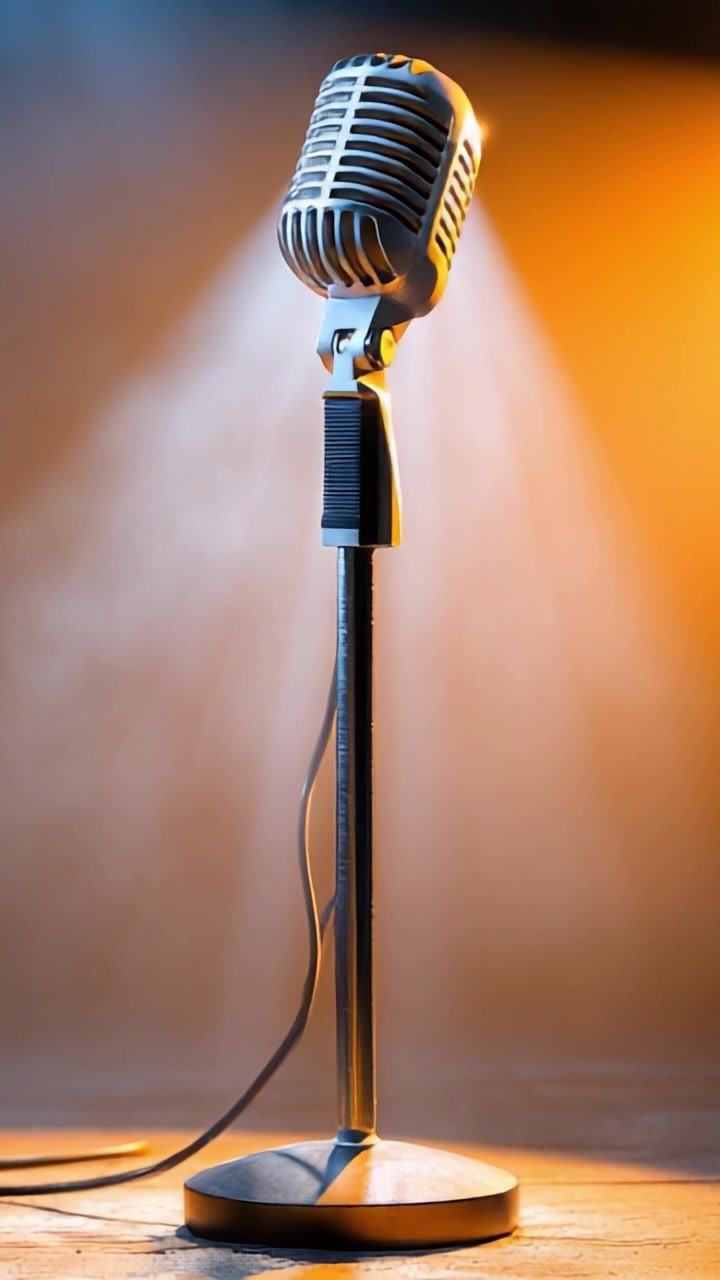 A Classic Retro Microphone Stands Proudly Under Soft Stage Lights, Ready for Performance or Recording, Capturing the Essence of Music and Artistry in Every Note.