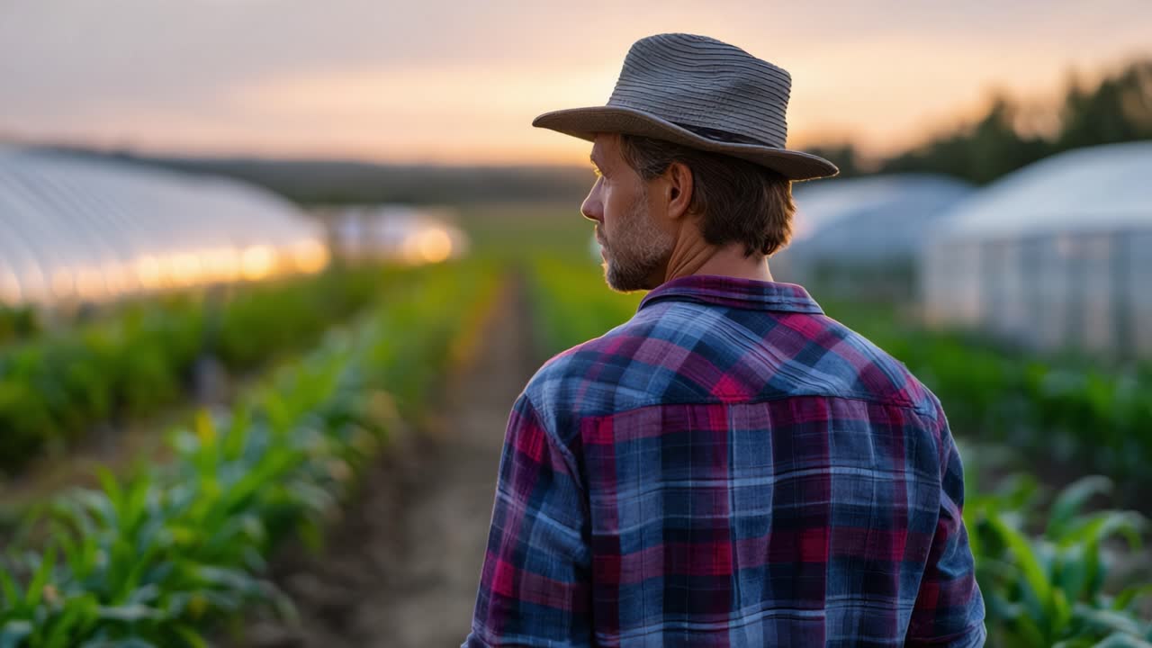 Un contadino contemplativo osserva vasti campi al tramonto, mettendo in risalto la bellezza dell'agricoltura e della natura nel caldo bagliore della luce serale.