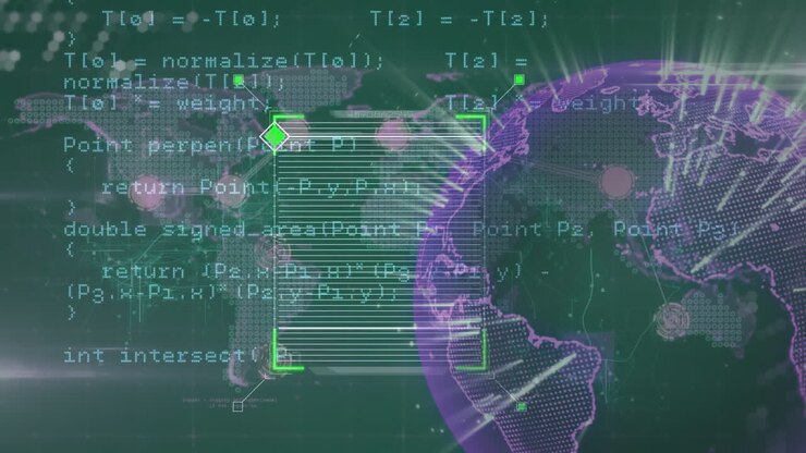 Animation of data processing over globe and world map on green background
