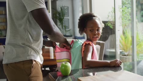 Video-of-african-american-father-and-daughter-preparing-breakfast