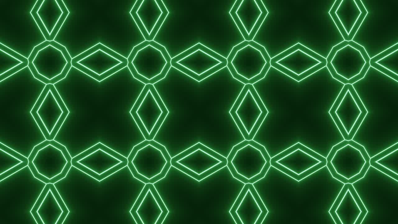 어두운 공간에서 대칭 모자이크에서 네온 반이는 녹색 패턴. 최소한의 디자인으로 원활한 애니메이션 배경.
