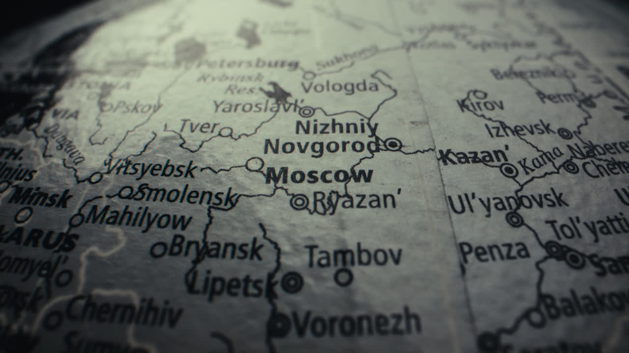 Close-up view of a map of Russia, highlighting Moscow