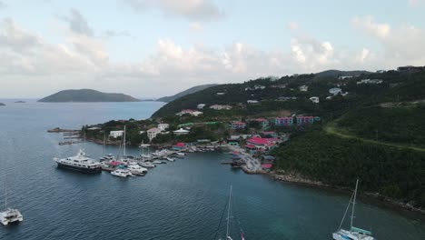 aerial flying into the town of leverick in the british virgin islands