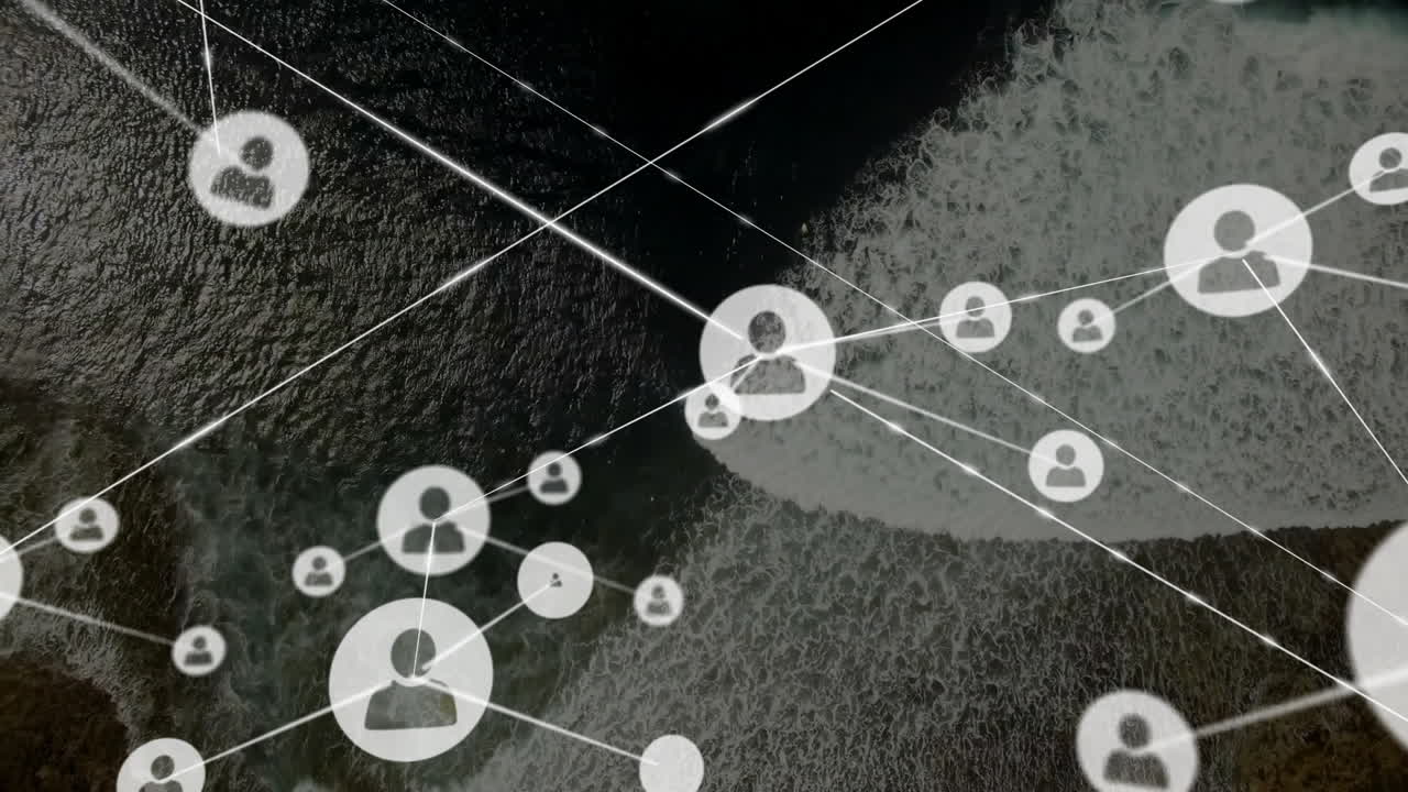 Connected user icons forming network, overlaying animation of ocean waves
