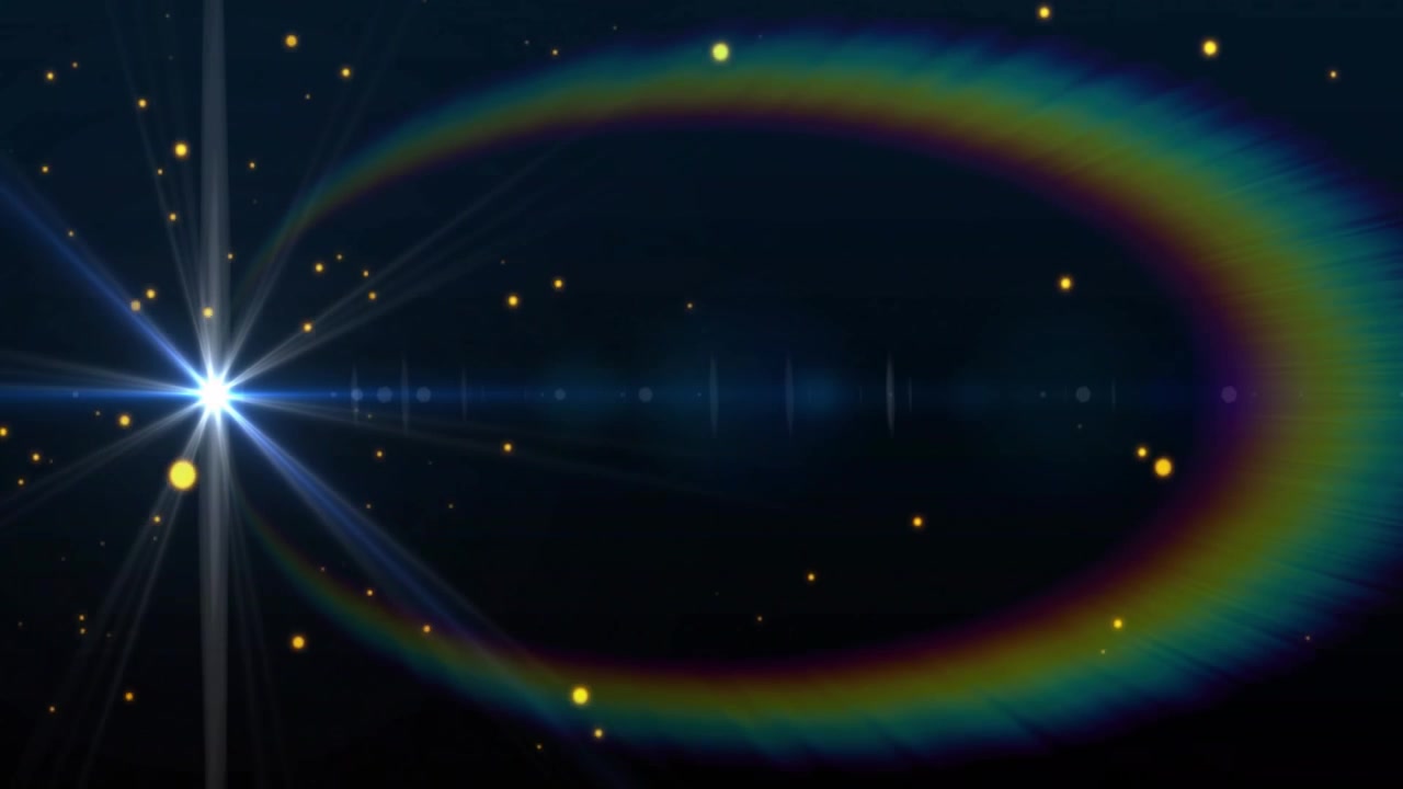 Scena marina iniziale con scintille alla deriva che brillano, un bagliore stellare luminoso che emerge, un alone arcobaleno che si espande.