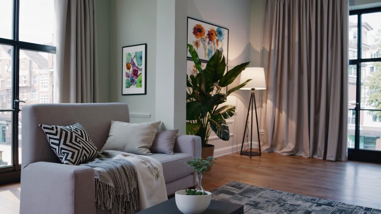 Sala de estar moderna com um sofá aconchegante, janelas grandes e decoração elegante