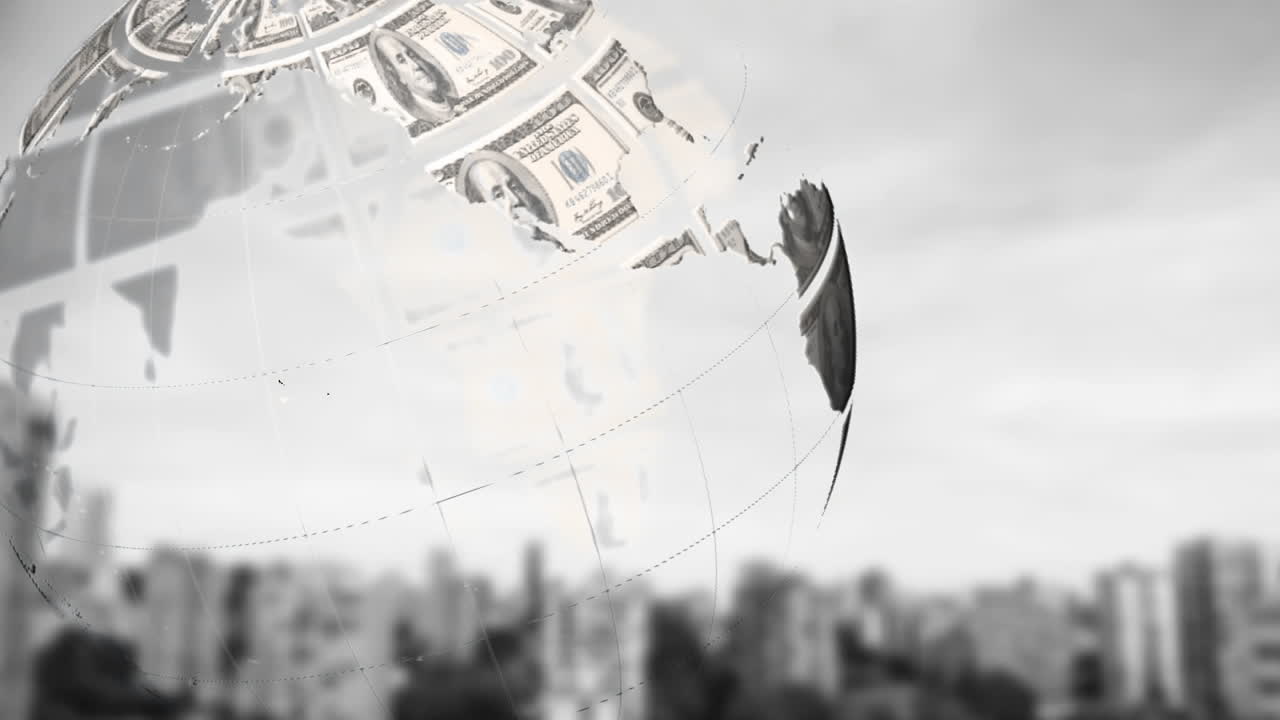 都市風景の上でアメリカドル紙幣で形成された地球のアニメーション