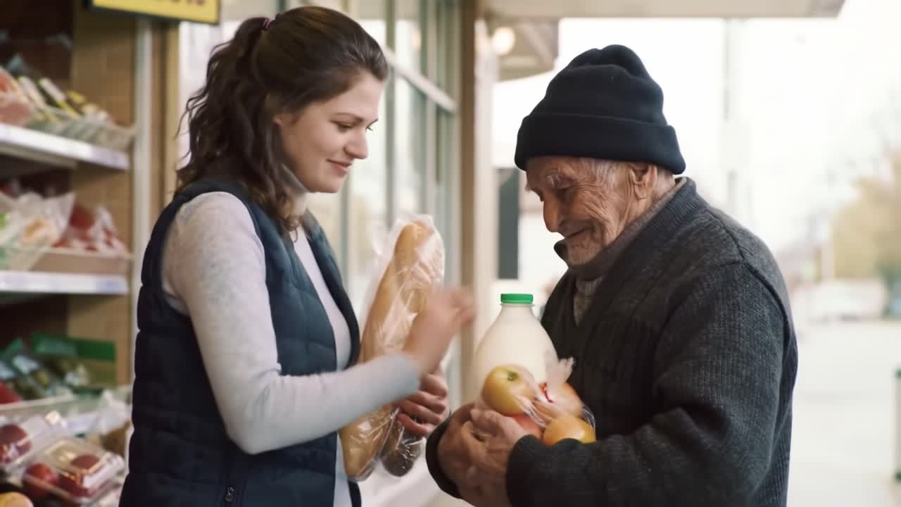 A young woman assists an elderly man in choosing apples while shopping at a local market during a cool autumn day. They share a warm interaction amidst fresh produce displays.