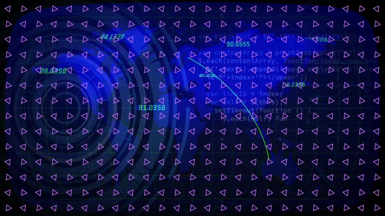 Animation of geometric patterns with numerical data on abstract blue background