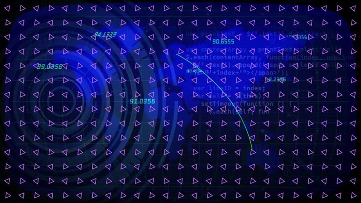 Animation of geometric patterns with numerical data on abstract blue background