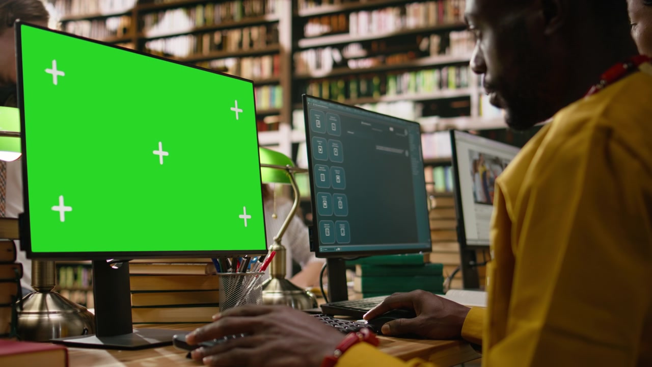 Green screen desktop monitor with tracking markers beside african student