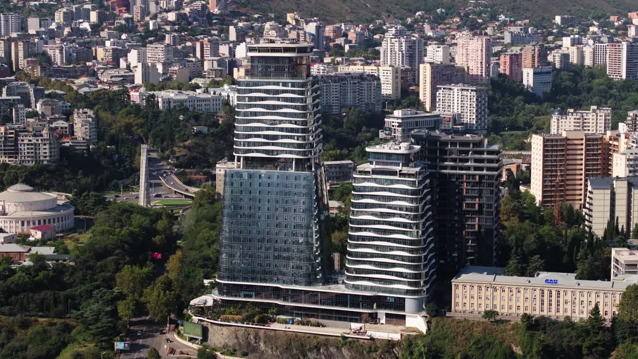 Scenic Aerial View Above The Biltmore Hotel in Downtown Tbilisi, Georgia. Summer
