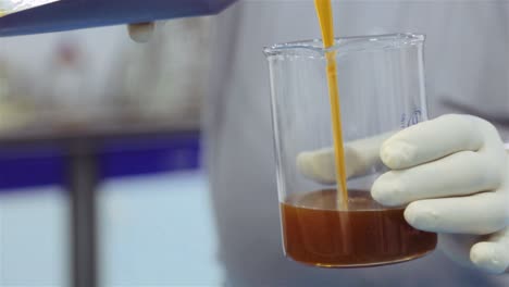 científico que vierte líquido químico amarillento oscuro en un vaso de precipitados en el laboratorio durante un experimento - cerrar