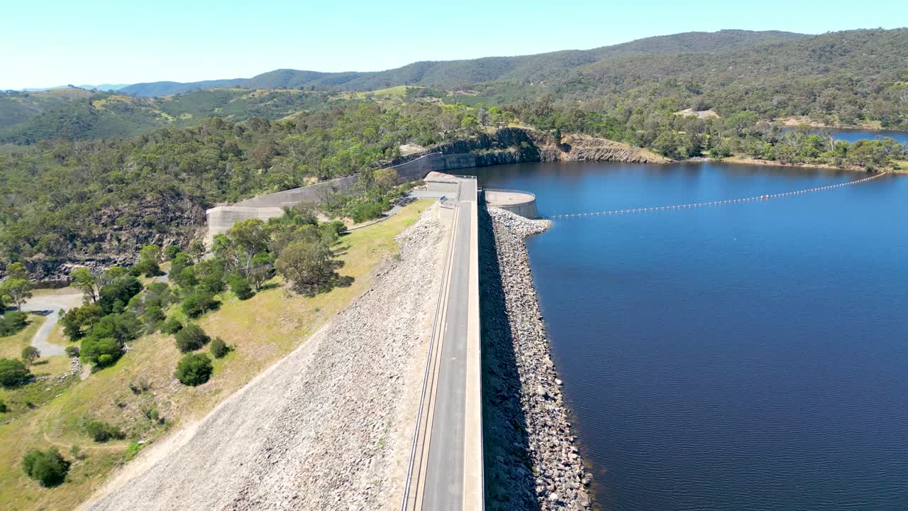 Drone footage tracking along the wall at Googong Dam near Queanbeyan in New South Wales, Australia