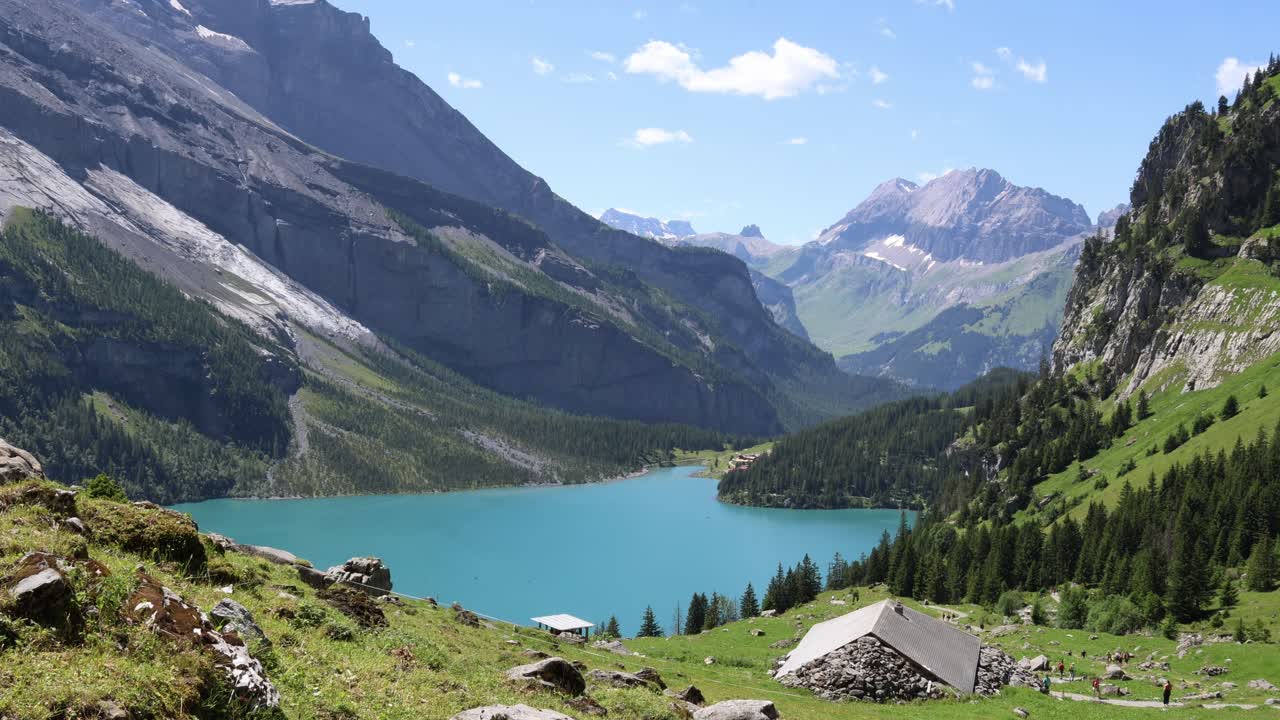 Mountain lake landscape establisher, Oeschinnen lake in Swiss Alps