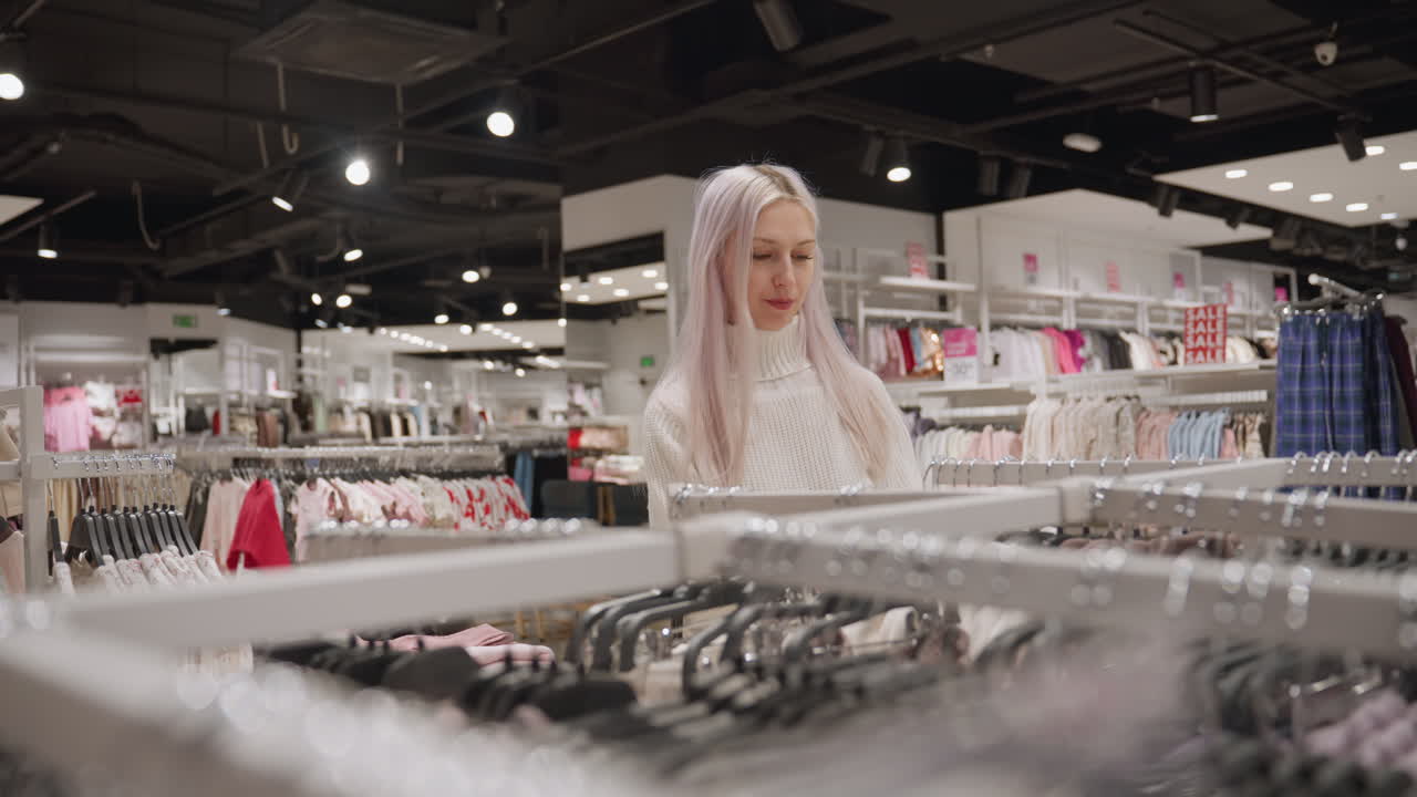 Hall full of clothes in boutique with bright ambient lighting, lady with long hair walks toward cloth rack while another shopper browses various garments on multiple racks, pastel tops on hangers
