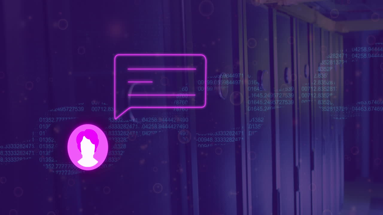 Animation of message box, profile icon, numbers forming blockchain over server room