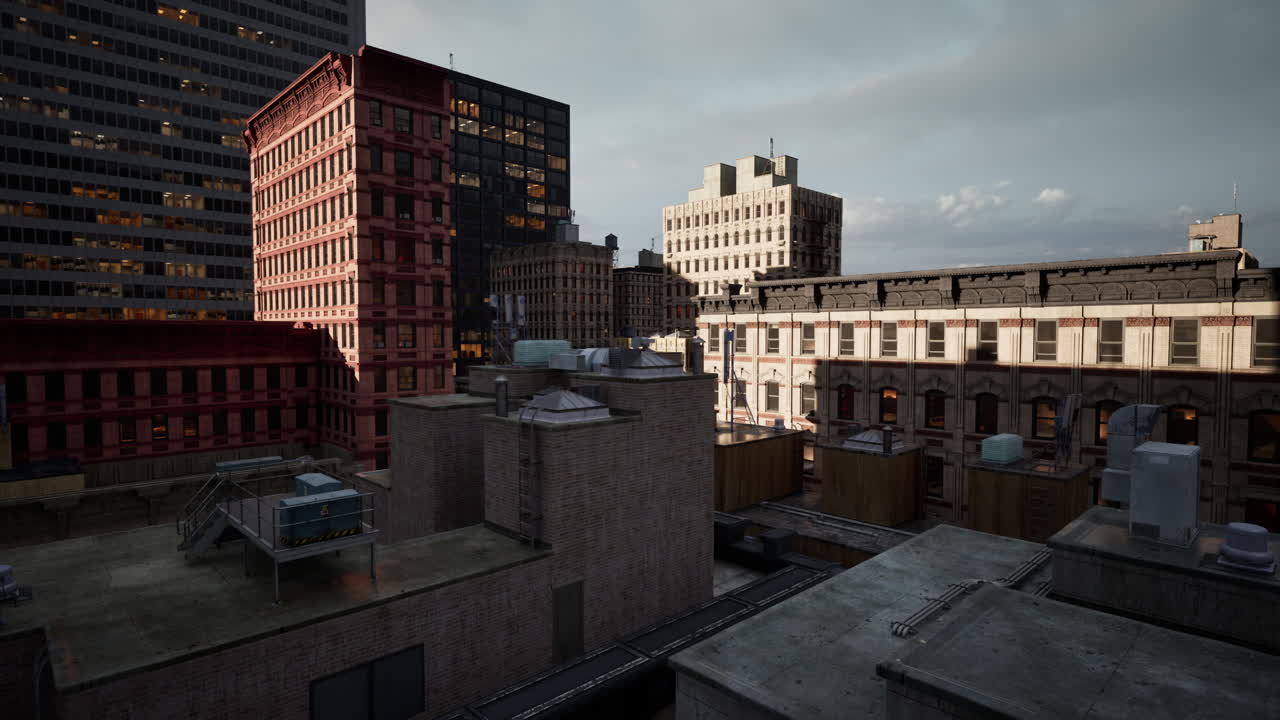 vista aérea de los edificios de la ciudad al atardecer