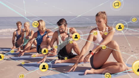 animación de redes de conexiones con personas iconos sobre personas caucásicas en la playa