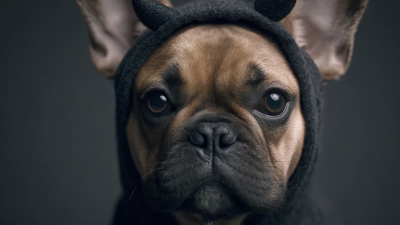 A Charming French Bulldog Dressed in a Cute Black Hoodie with Pointed Ears, Perfectly Capturing the Spirit of Playfulness and Adorableness